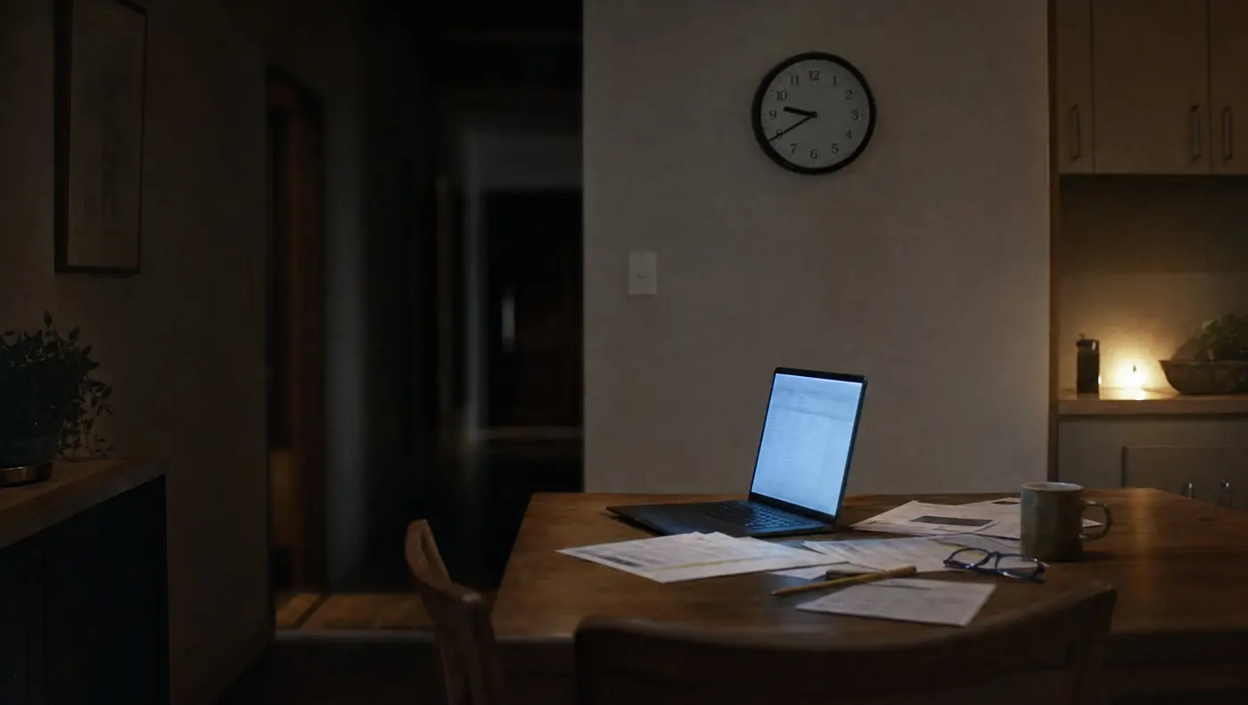 A kitchen table at 9:40pm, laptop open on a quote