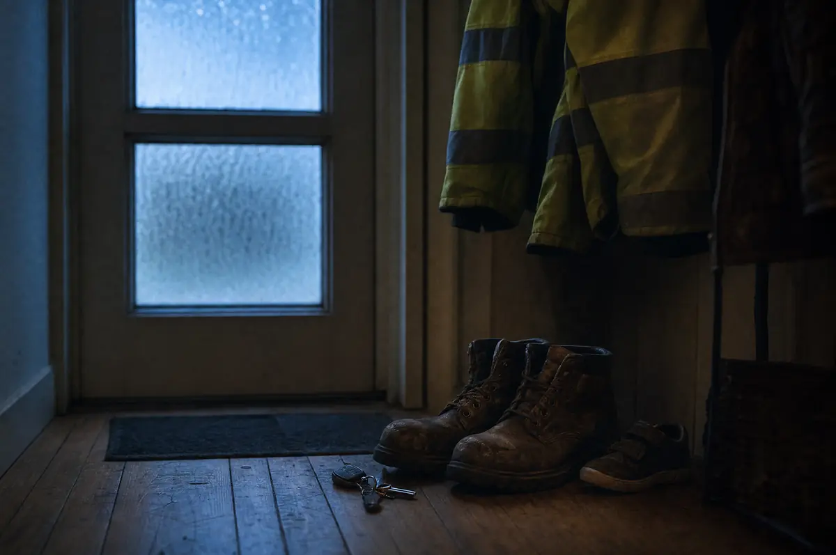 Work boots by the back door before dawn