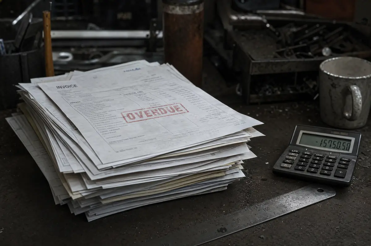 A stack of overdue invoices on a workshop desk