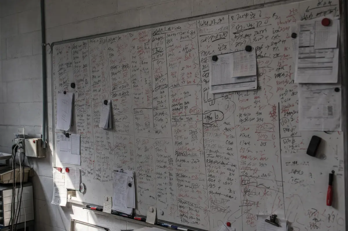 A workshop whiteboard covered in handwritten jobs