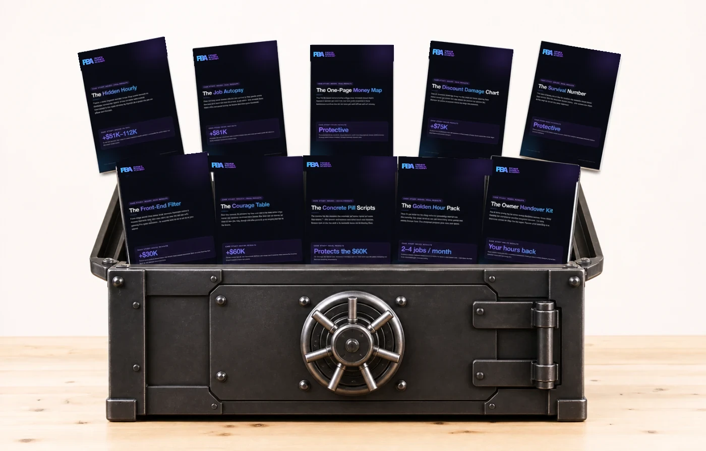 Ten Profit Recovery Vault guides rising out of a steel vault